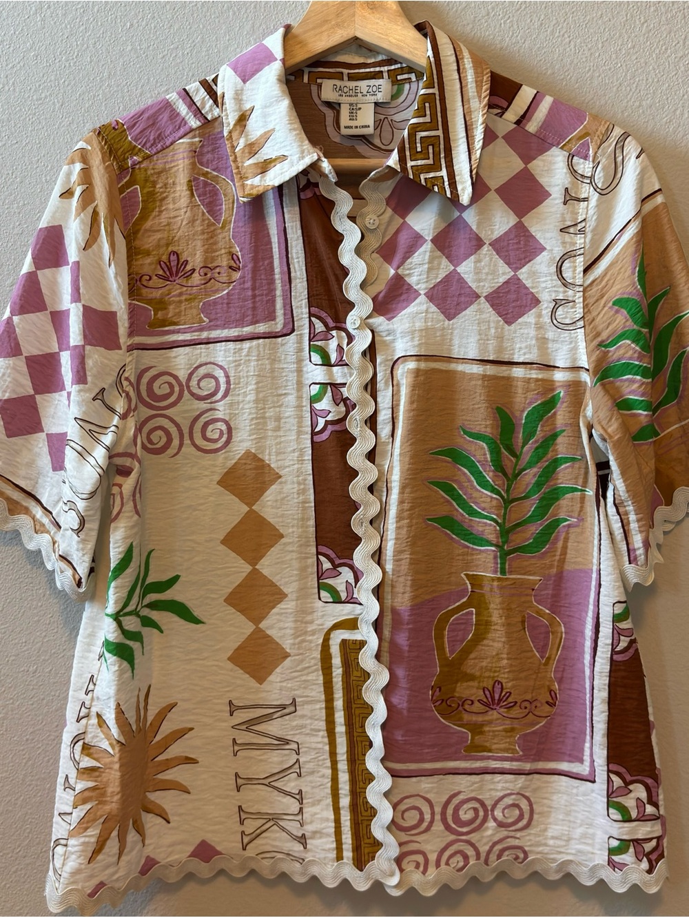 Rachel Zoe Cream Pink Green Graphic Ric Rac Trim Blouse